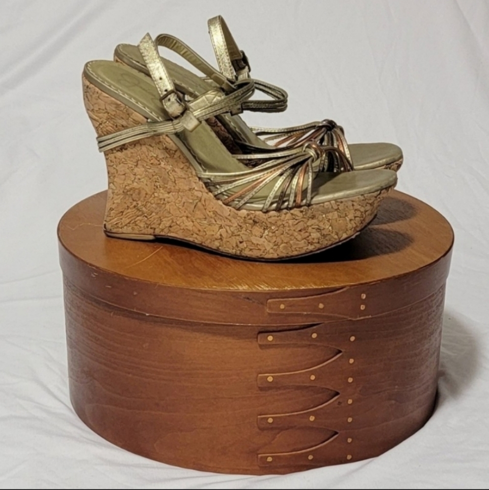 Vintage Jessica Simpson Bohemian Mixed Metals Cork Wedge Sandals, Size 7